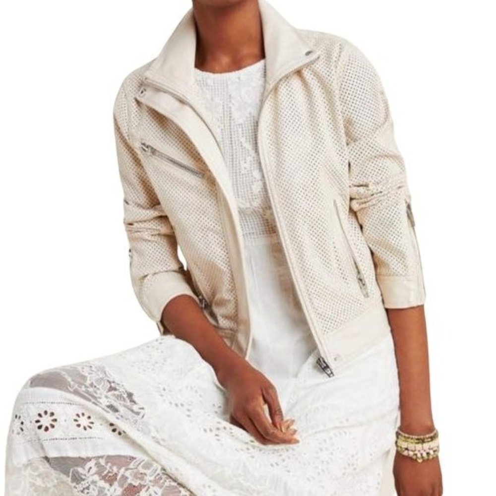Free People Blank NYC Imelda Perforated Moto Jacket Cream Size Small NWT